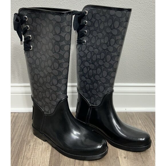 Coach Tristee Rain Boots Black Lace-Up Corset Signature Print Logo Women 10 - Picture 1 of 16